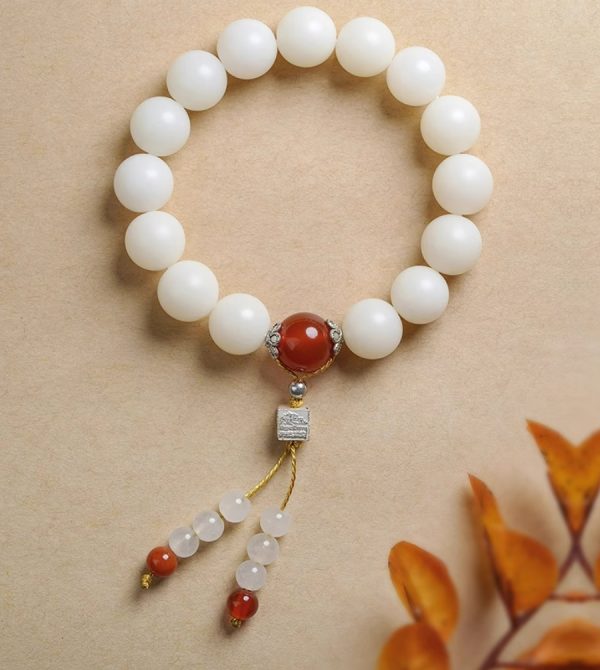 White Jade Bodhi Root Hand String - Red Agate Version.