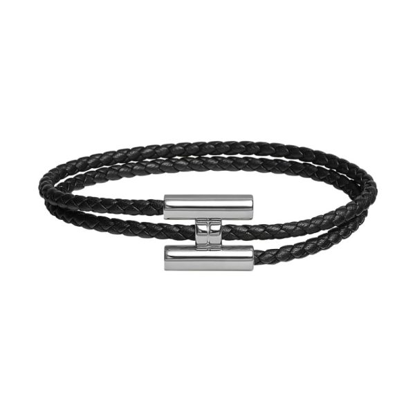 HERMES unisex black calfskin bracelet with metal buckle